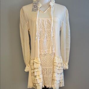 Pretty Angel Lace Panel Ruffled Long Sleeve Dress – Cream – Size L – NWT